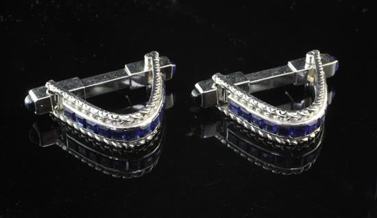 A pair of French 18ct white gold and sapphire cufflinks,